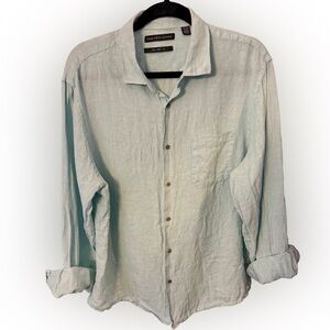 Saks Fifth Avenue Men's Shirt 100% LINEN Button Down Shirt Green Pocket Sz XL